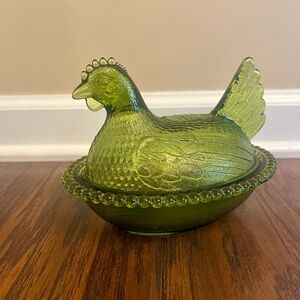 Vintage Indiana Glass Olive Hen On Nest Dish